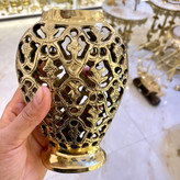 گلدان رومیزی توری مشبک کشیده برنجی هندی لوکس و ظریف با مشبککاری دستساز متالوکس