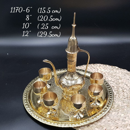 ست دکوری شش جام و آفتابه و سینی برنجی هندی در چهار سایز مختلف
