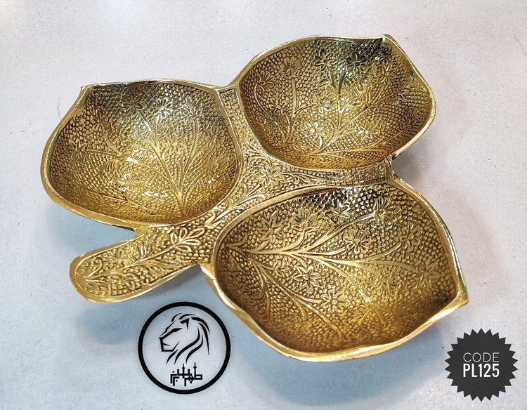 اردوخوری طلایی سه قلو مدل برگی با سایز ۷ اینچ از مجموعه ظروف پذیرایی لوکس متالوکس مشهد