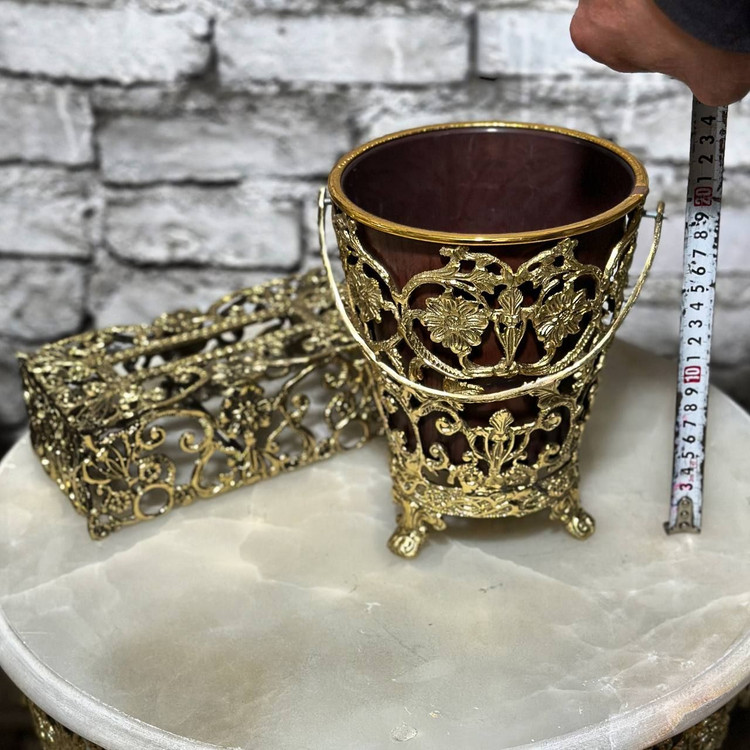 ست سطل زباله و جادستمال برنجی لوکس طرح مینی گل جدید متالوکس