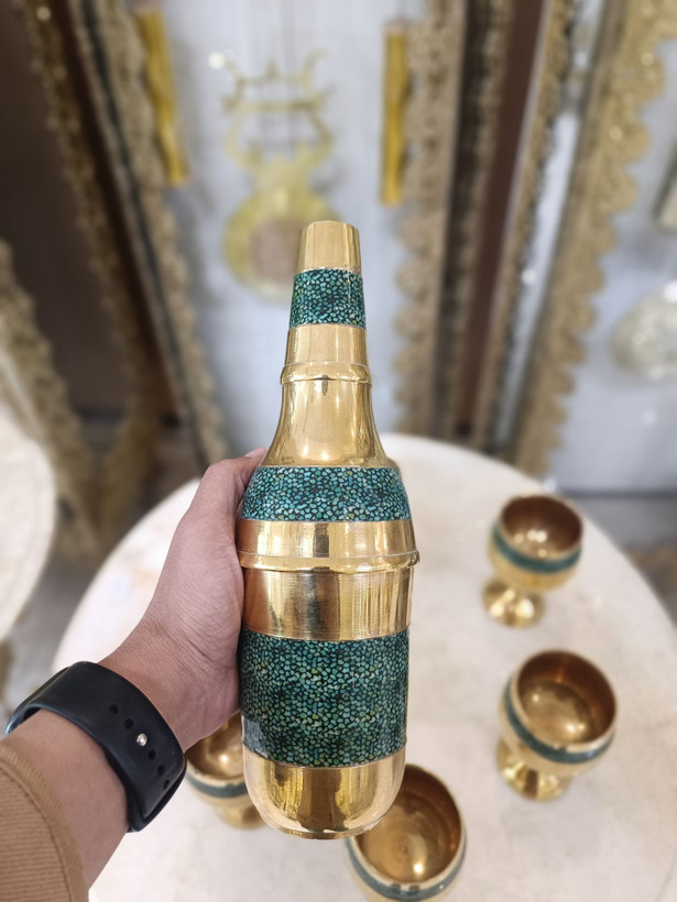 ست بطری و جام برنجی هندی با تزئین فیروزه ای لوکس