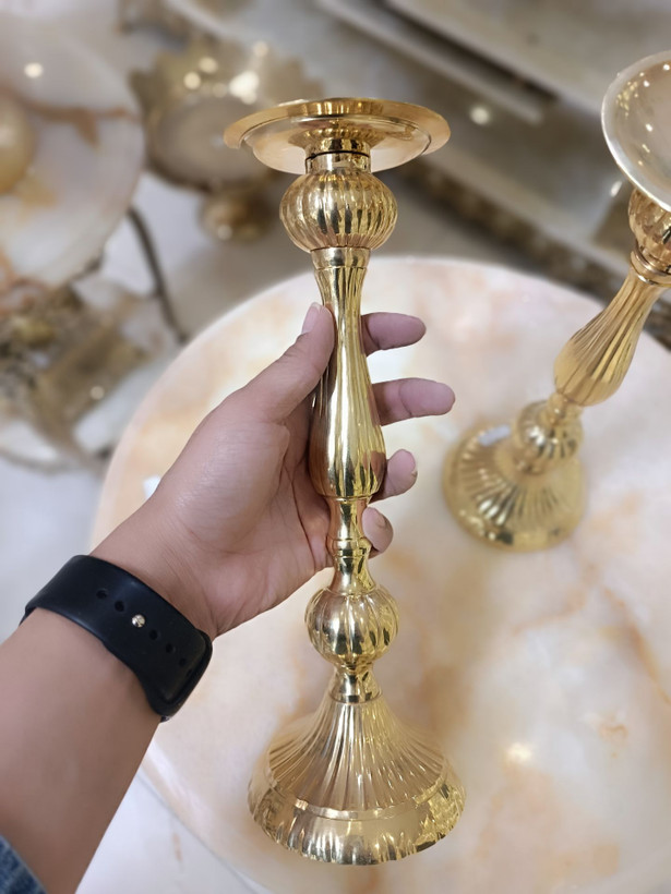 شمعدان سرسوزنی راه راه برنجی تکی دکوری لوکس متالوکس