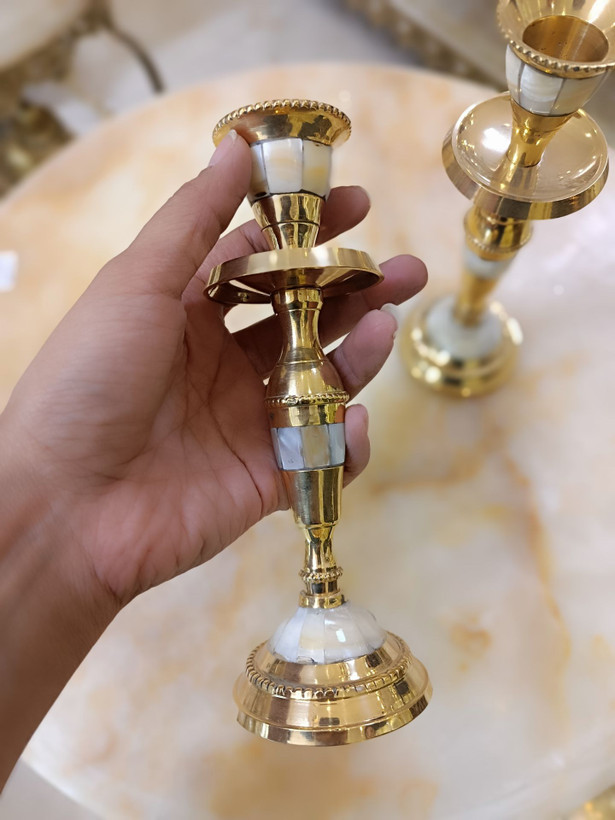شمعدان صدفکاری پایه گرد کوچک برنجی لوکس متالوکس