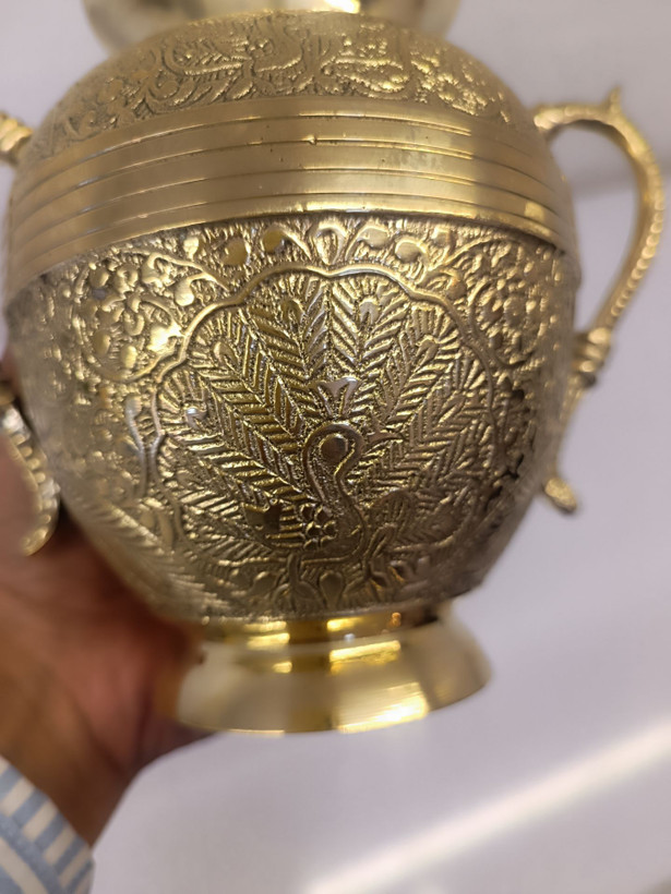 گلدان جار طرح طاووس دو دسته برنجی 6 اینچ دکوری لوکس متالوکس