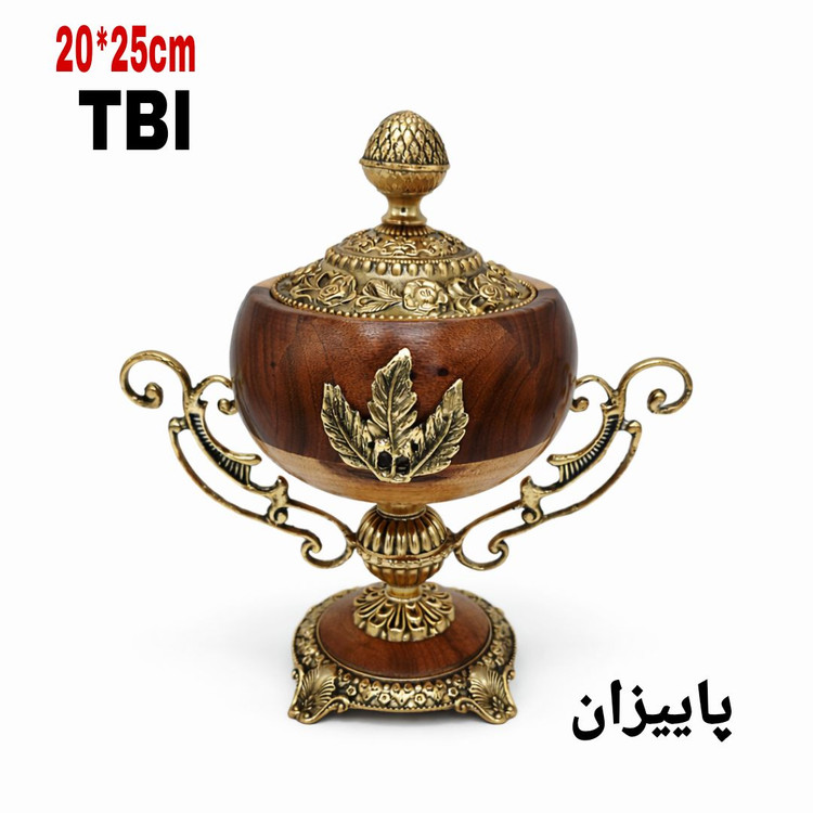 شکلات خوری پایه دار مدل پاییزان با بدنه چوبی، درب برنزی طرحدار و دستههای اسلیمی محصول متالوکس