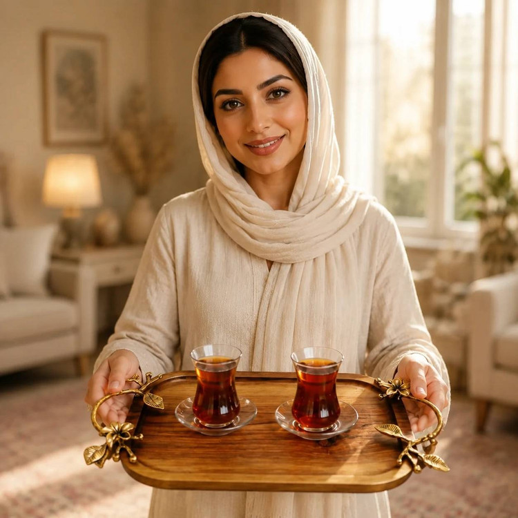 سینی پذیرایی مستطیل از جنس چوب طبیعی با گرههای زیبا و دستههای برنجی طلایی طرح شکوفه و برگ محصول برند متالوکس