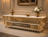 میز LCD برنجی طرح طاووس مدل آفتاب چهار کشو با طراحی لوکس مناسب دکوراسیون پذیرایی از متالوکس